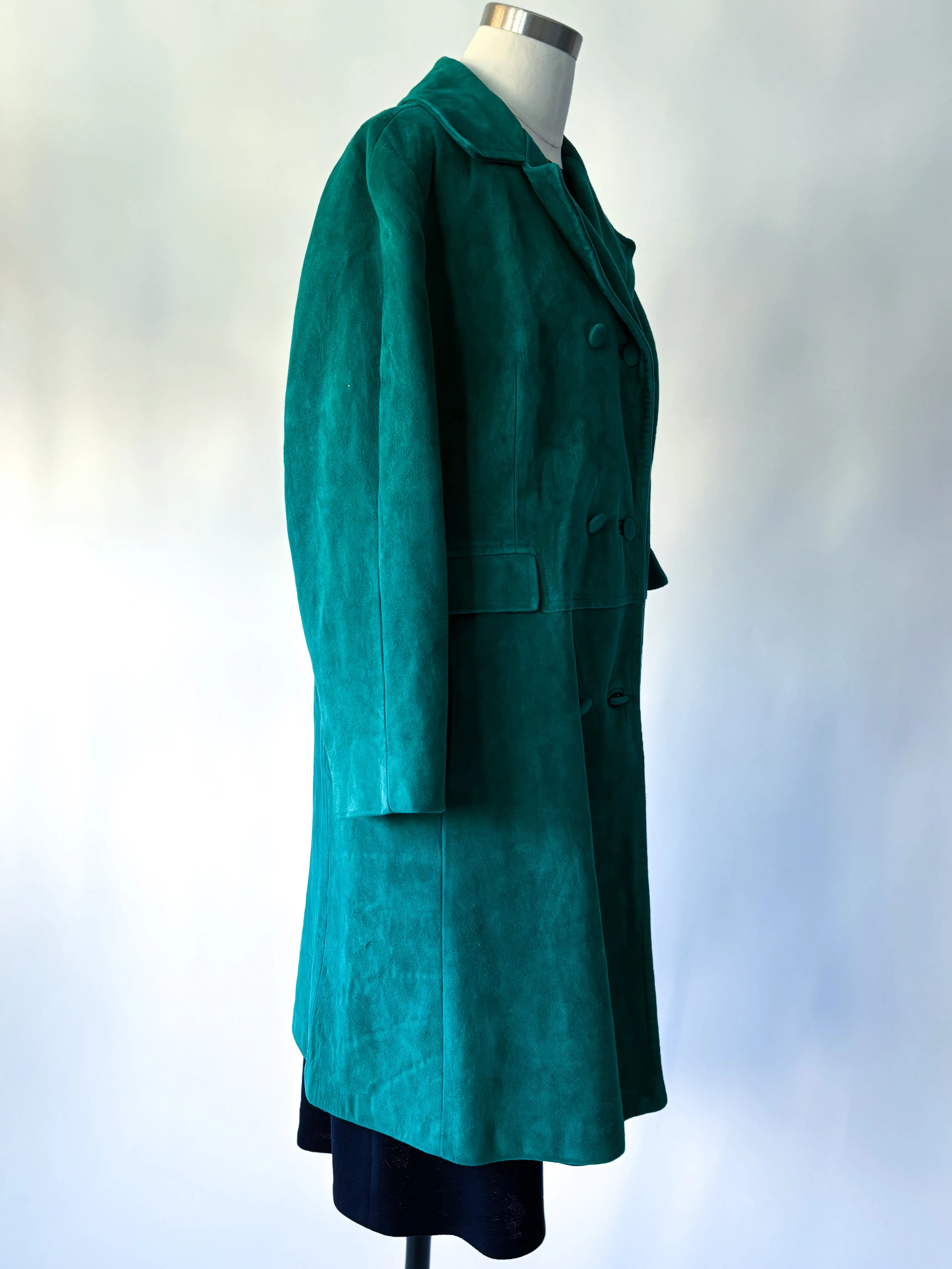 1960s Teal Suede Leather Double Breasted Mod Coat