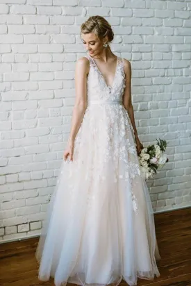 A Line Ivory Lace Long V Neck Beach Wedding Dress with Appliques Bridal SWK10300