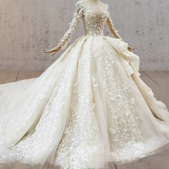 A-Line Luxury Champagne Sequined Lace Wedding Dress