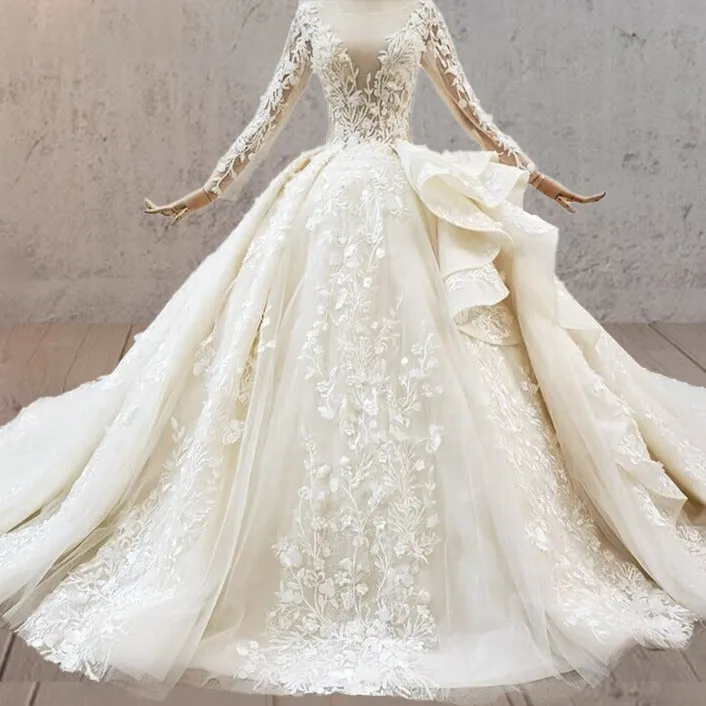 A-Line Luxury Champagne Sequined Lace Wedding Dress