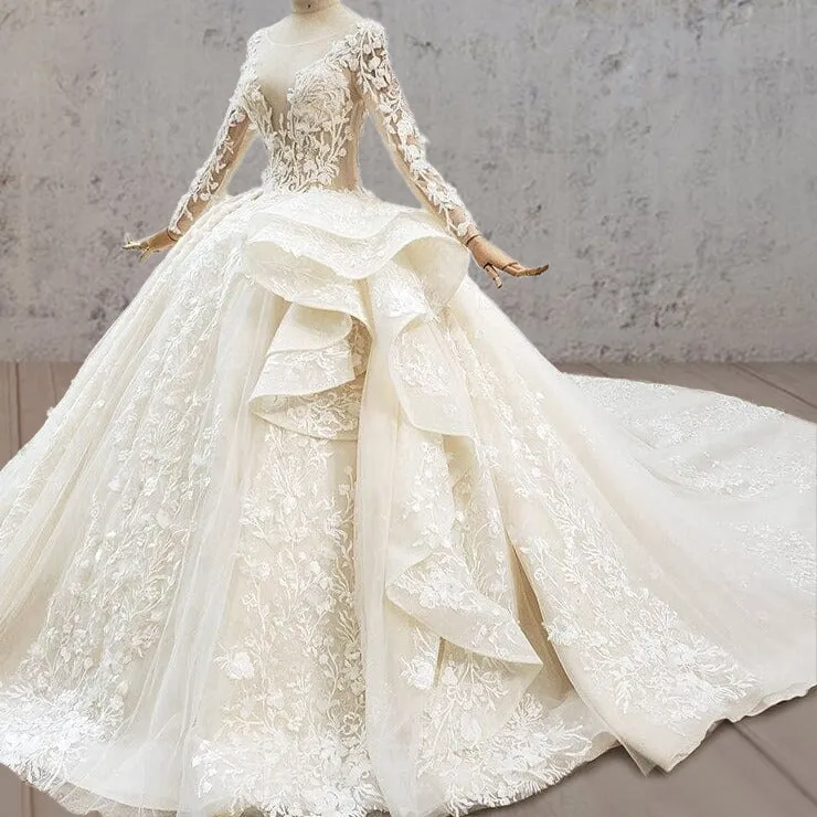 A-Line Luxury Champagne Sequined Lace Wedding Dress