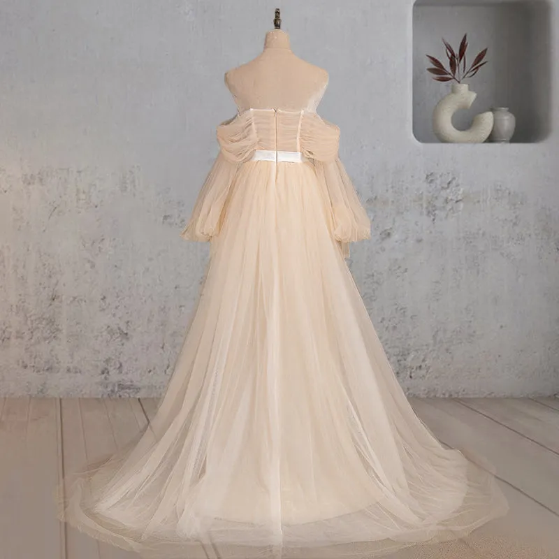 A-Line Off-the-Shoulder Long Sleeve Champagne Wedding Dress