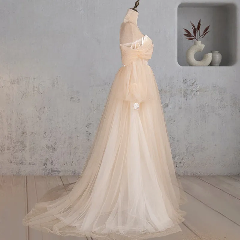 A-Line Off-the-Shoulder Long Sleeve Champagne Wedding Dress