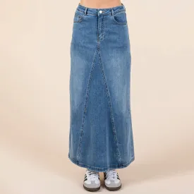 A-line Paneled Denim Long Maxi Skirt