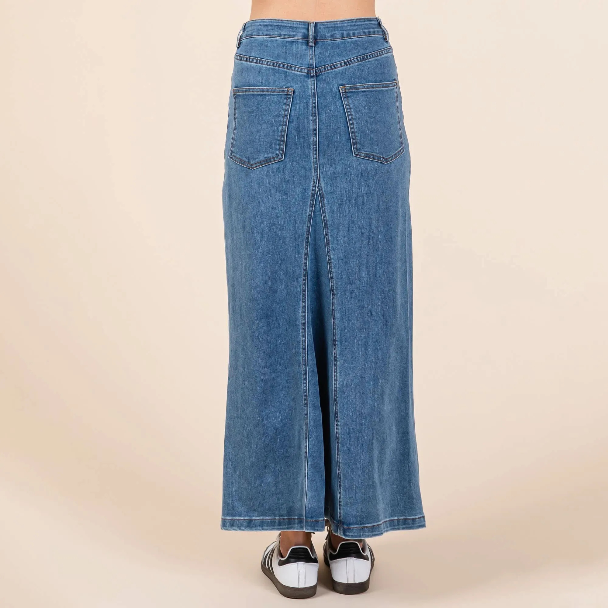 A-line Paneled Denim Long Maxi Skirt