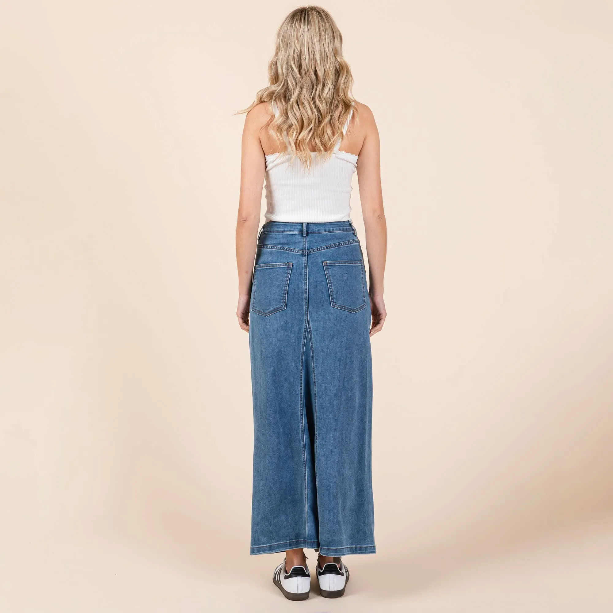 A-line Paneled Denim Long Maxi Skirt