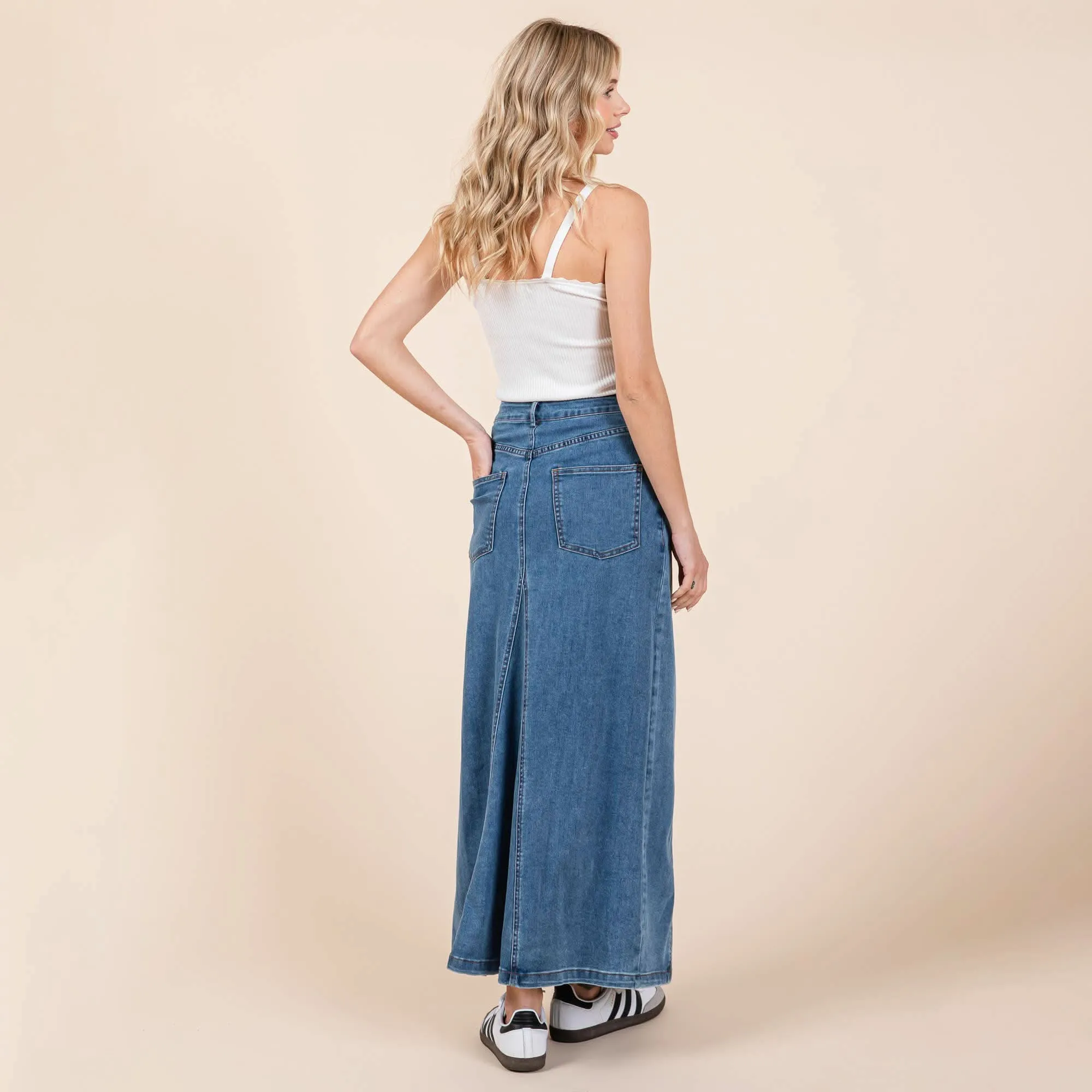 A-line Paneled Denim Long Maxi Skirt