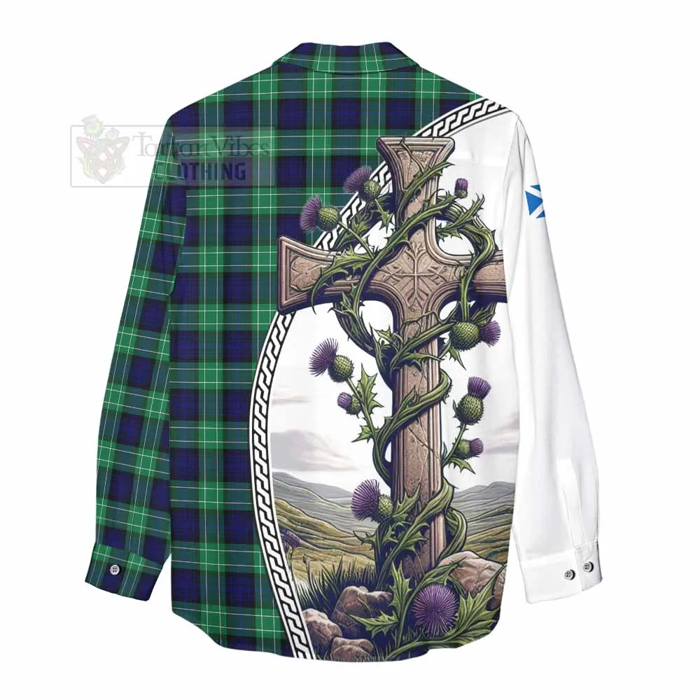 Abercrombie Tartan Women's Casual Shirt with Family Crest and St. Andrew's Cross Accented by Thistle Vines