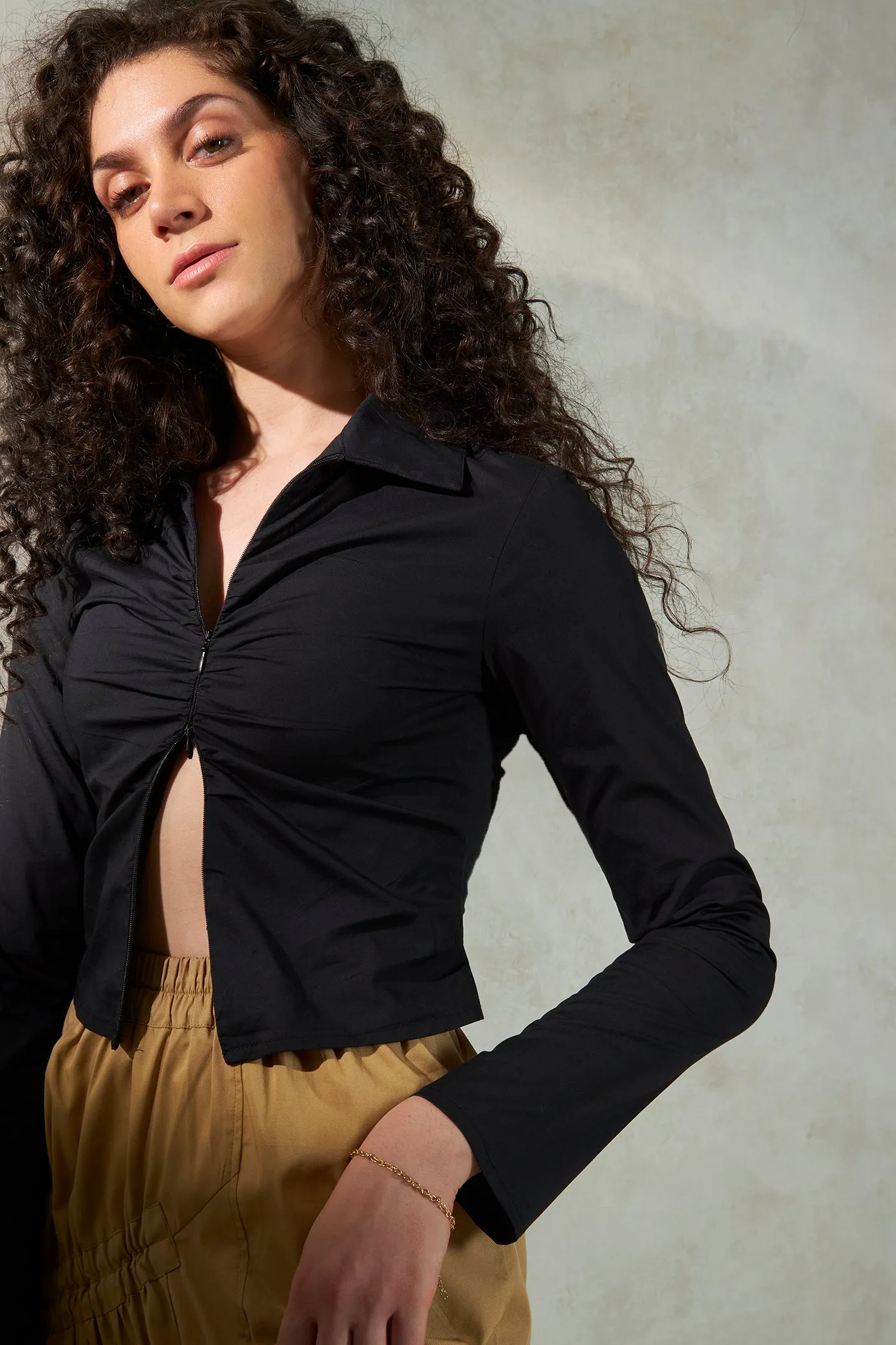 Anya|Ruched Cotton Crop Shirt