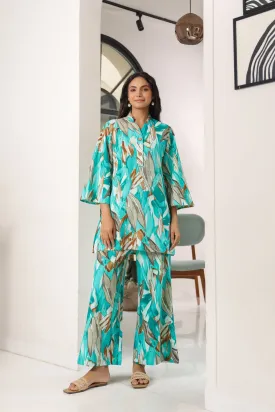 Aqua Leaves Blue Cotton Palazzo Loungewear Set