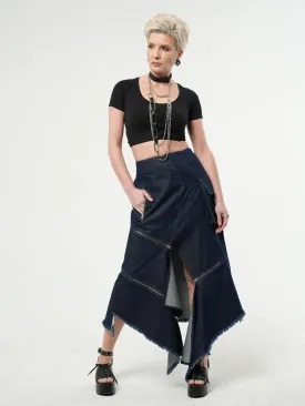 Asymmetric Denim Long Skirt with Zippers