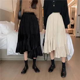 Asymmetric High Elastic Waist Pleated Long Skirt