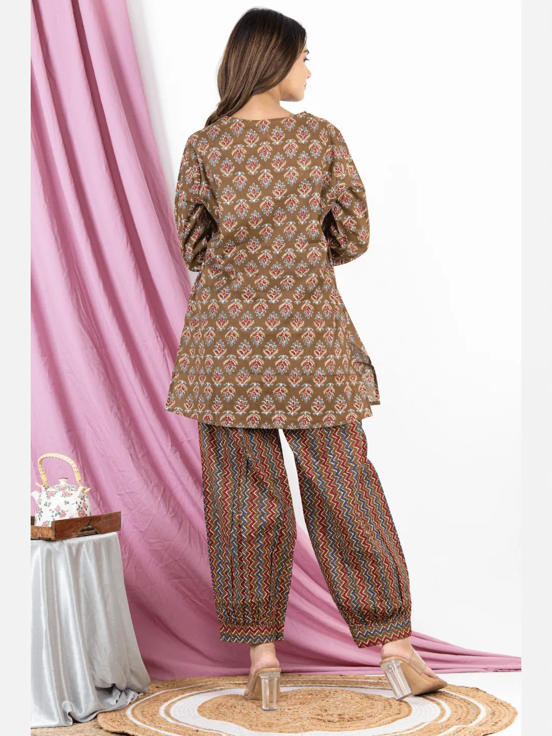 Bagru Brown V Neck Cotton Loungewear