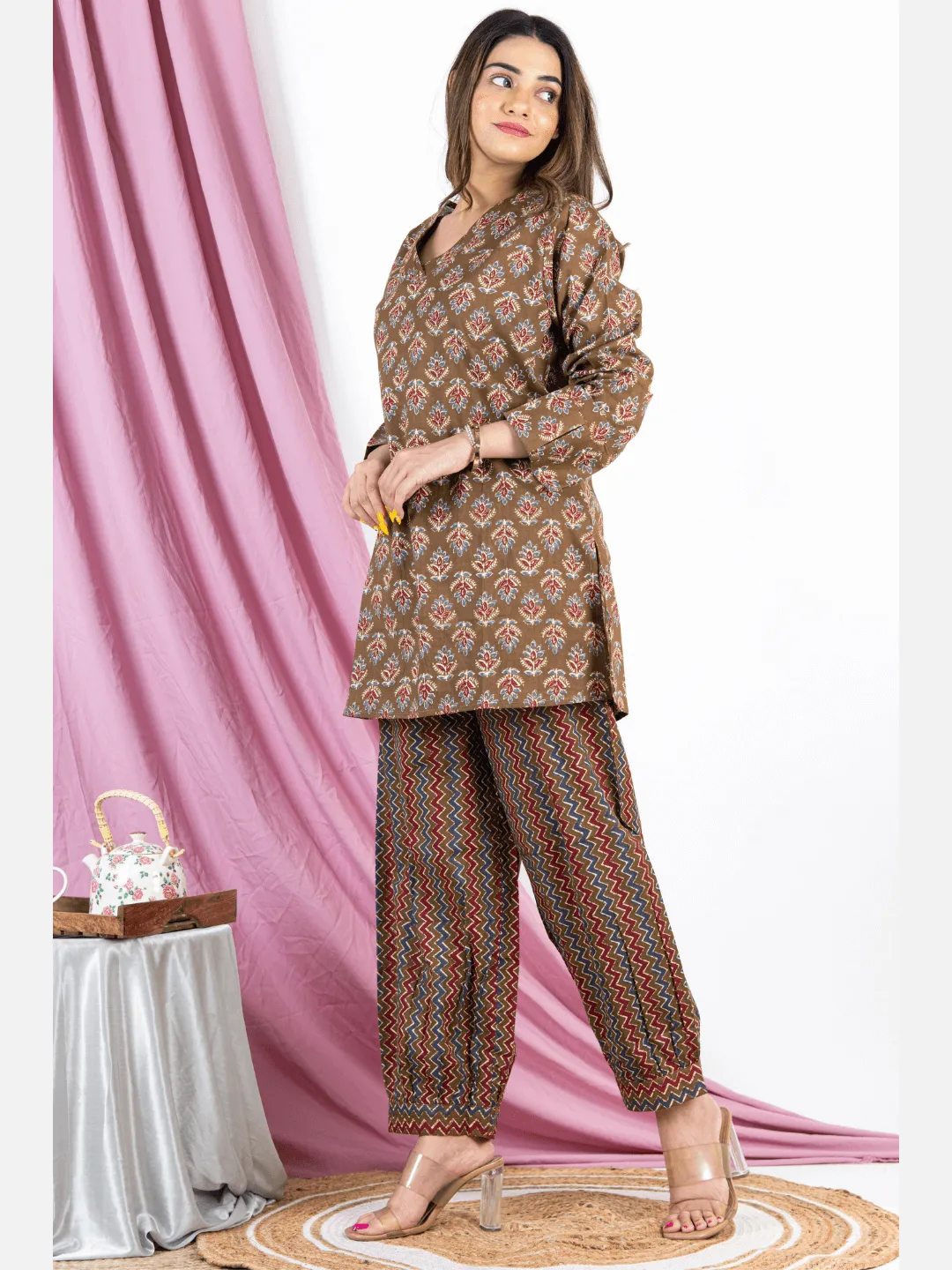 Bagru Brown V Neck Cotton Loungewear