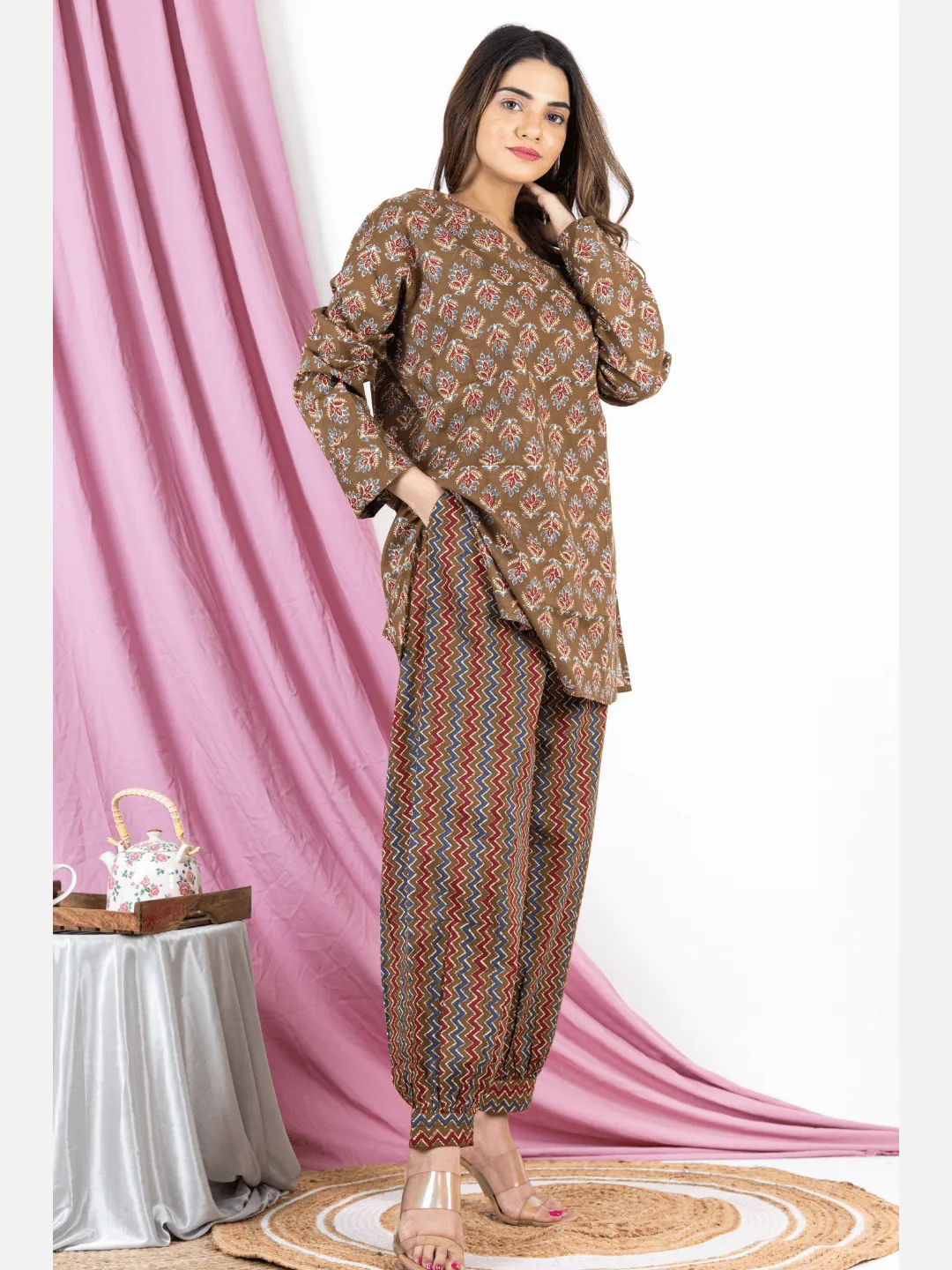 Bagru Brown V Neck Cotton Loungewear