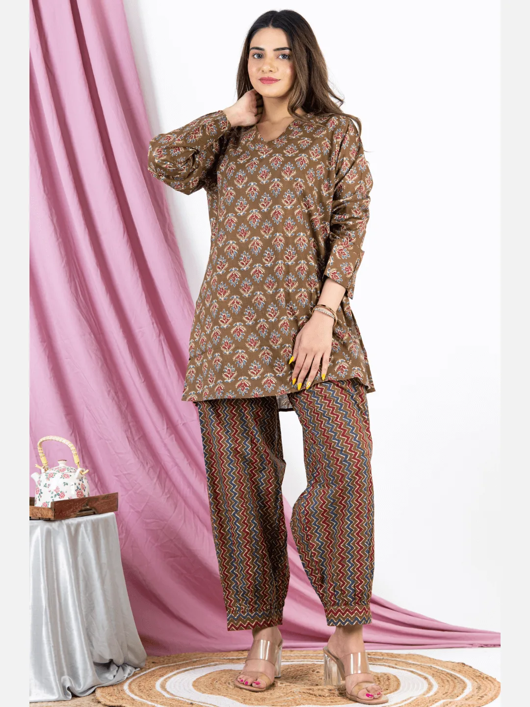 Bagru Brown V Neck Cotton Loungewear