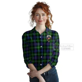 Baillie (Bailey) Tartan Women's Casual Shirt with Family Crest and Bearded Skull Holding Bottles of Whiskey