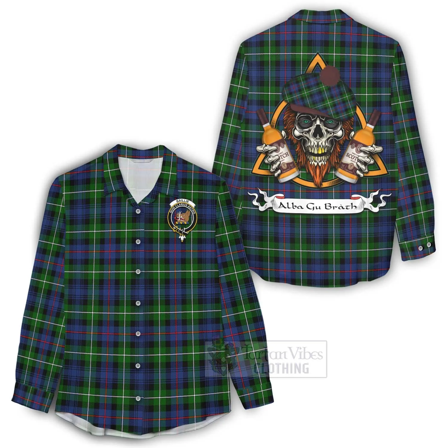 Baillie (Bailey) Tartan Women's Casual Shirt with Family Crest and Bearded Skull Holding Bottles of Whiskey