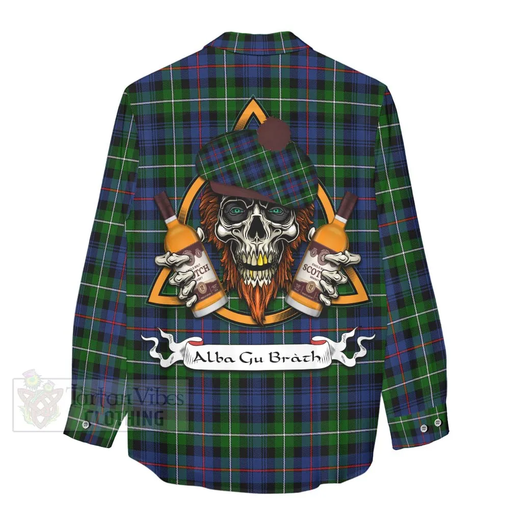 Baillie (Bailey) Tartan Women's Casual Shirt with Family Crest and Bearded Skull Holding Bottles of Whiskey