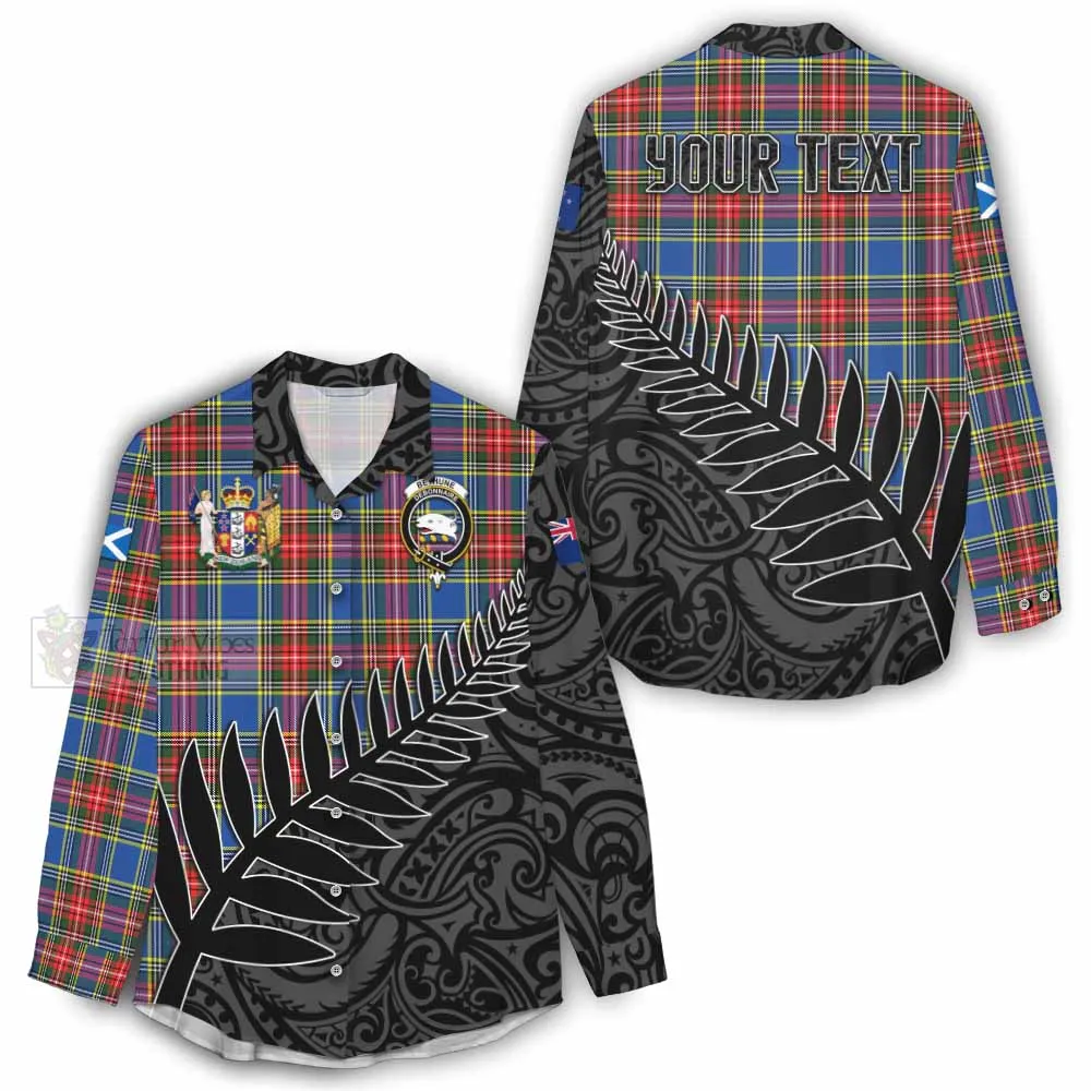 Bethune Crest Tartan Women's Casual Shirt with New Zealand Silver Fern Half Style