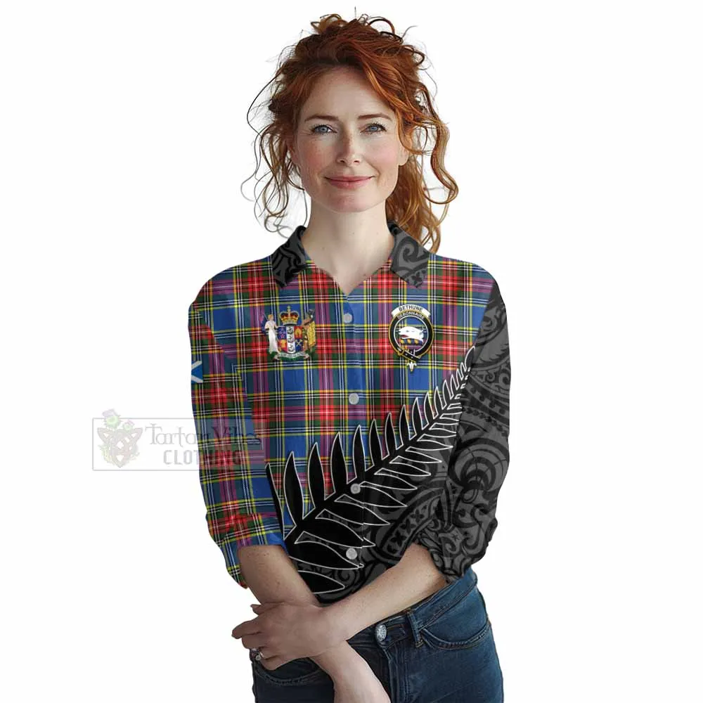 Bethune Crest Tartan Women's Casual Shirt with New Zealand Silver Fern Half Style