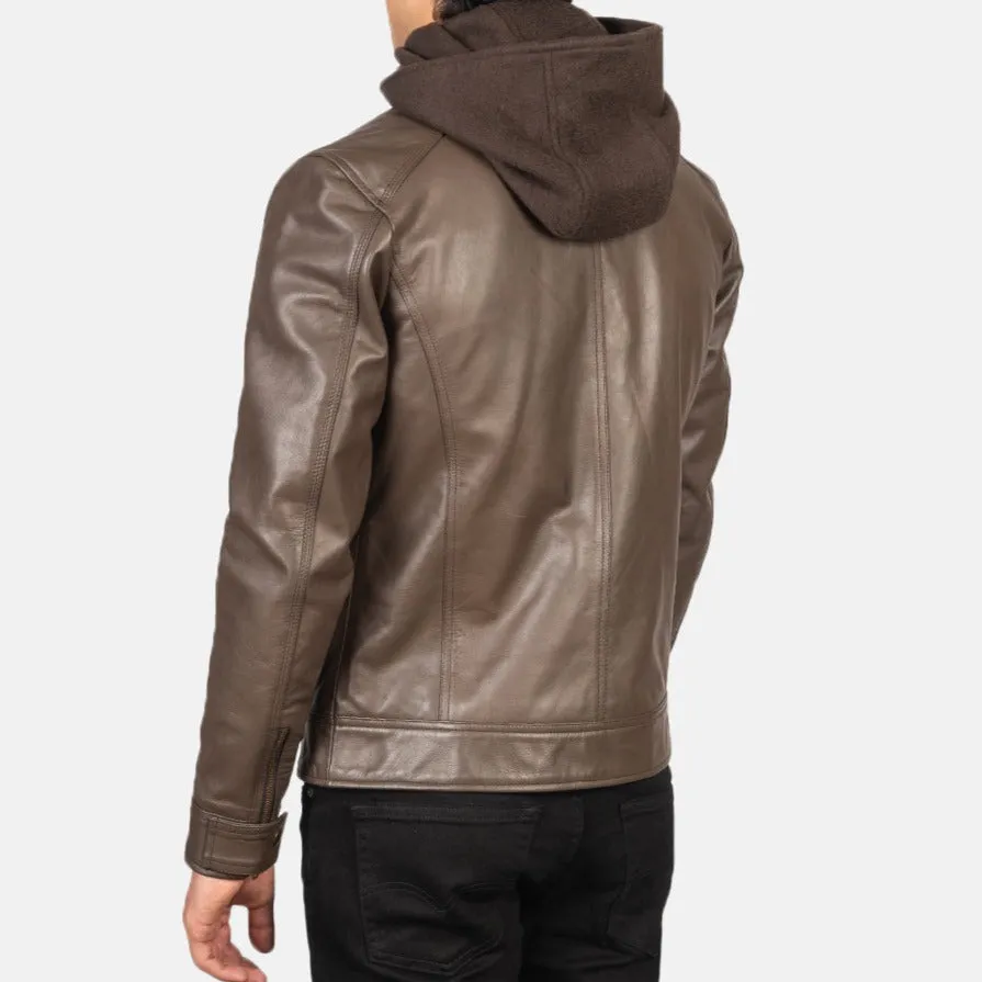 BIKER-1435 MUSH Brown Hooded Leather Biker Jacket