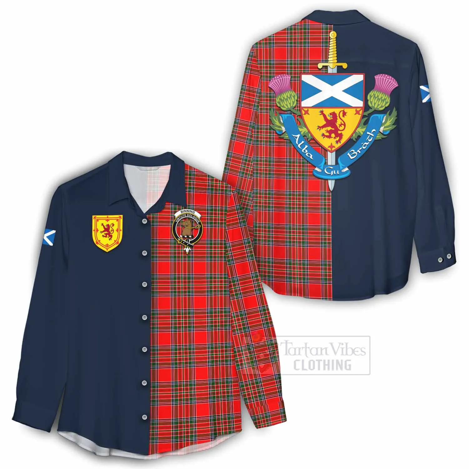 Binning Tartan Women's Casual Shirt Alba with Scottish Lion Royal Arm Half Style