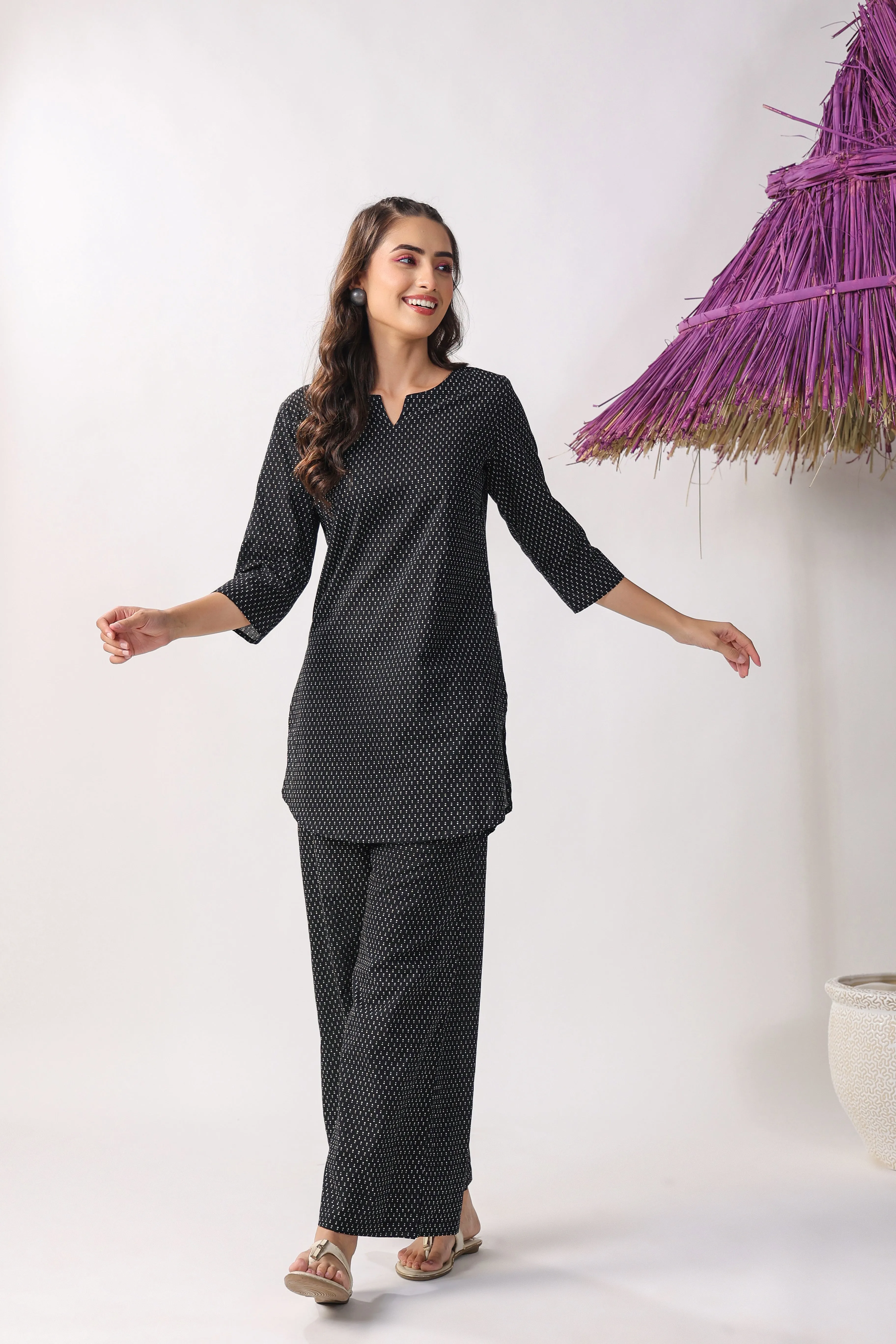 Black Buti On Cotton Palazzo Loungewear Set