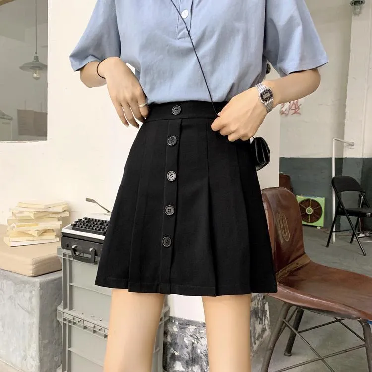 Black Casual Front Buttons Pleated High Waist Skirt