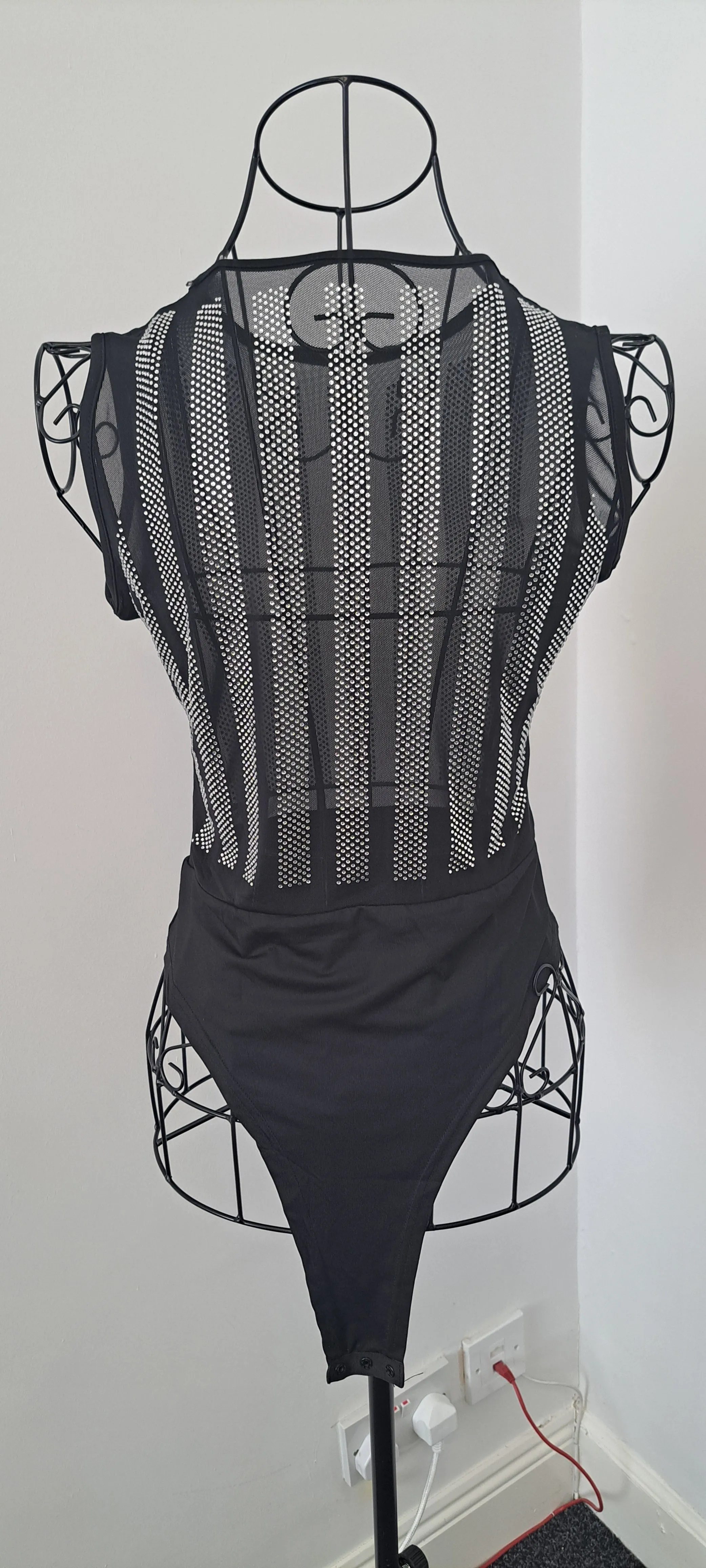 Black Mesh & Rhinestone Sparkly Sleeveless Bodysuit