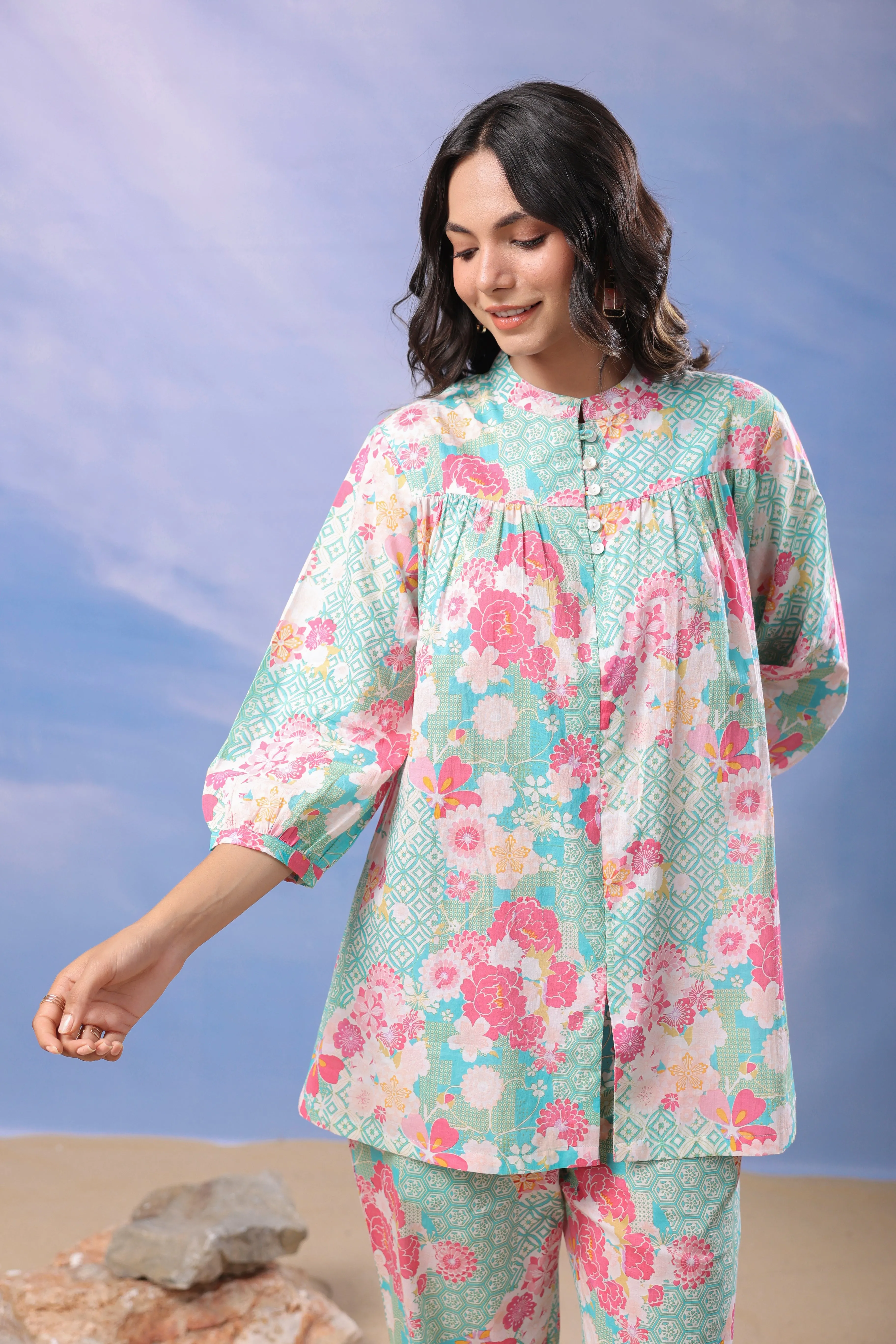 Blooming Mint Cotton Loungewear Top Set