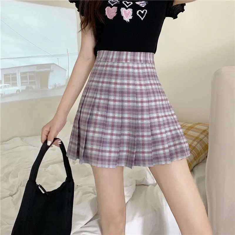 Blue Lilac Plaid High Waist Pleated Mini Skirt