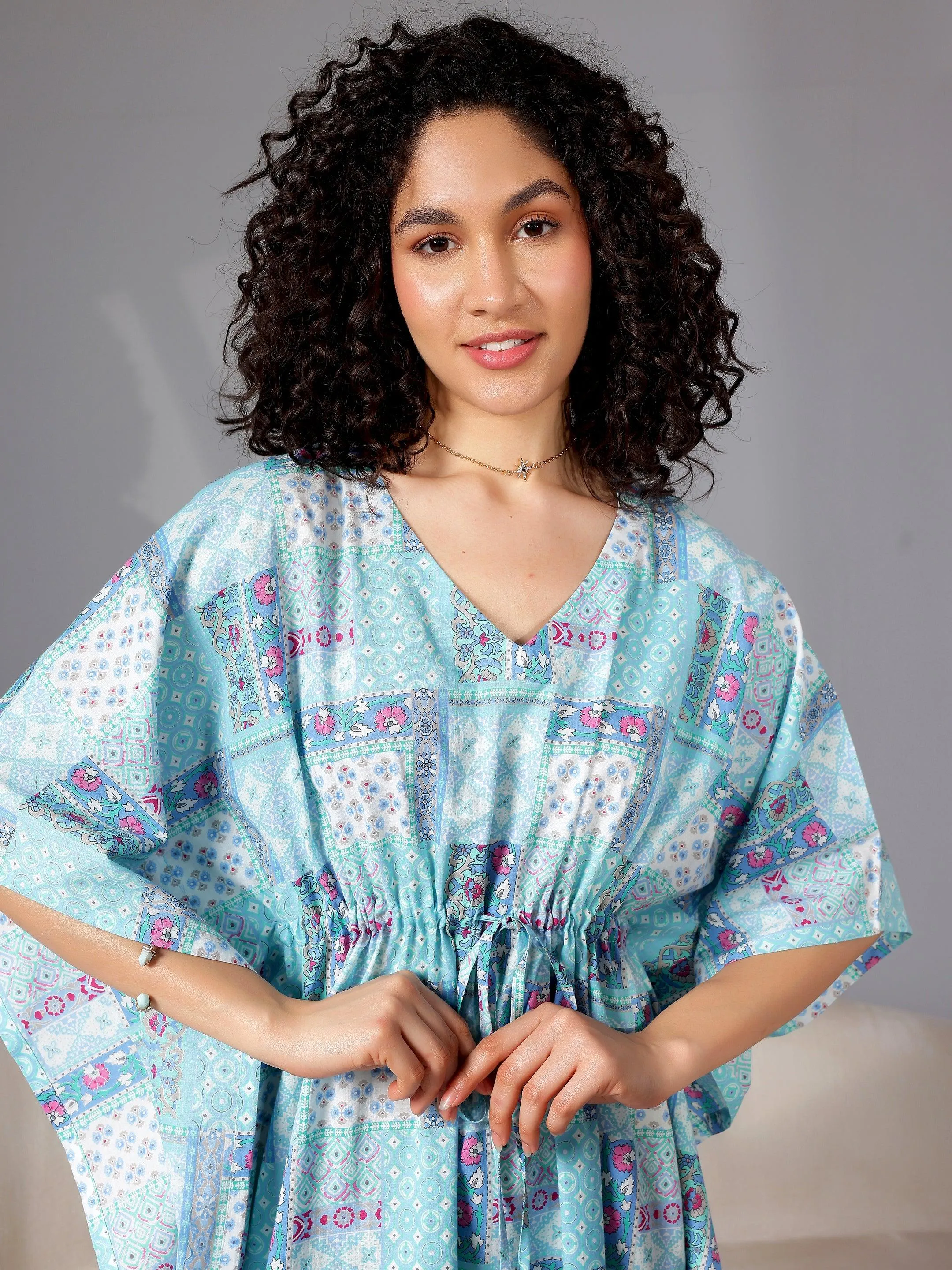 Blue Printed Cotton Kaftan Night Dress