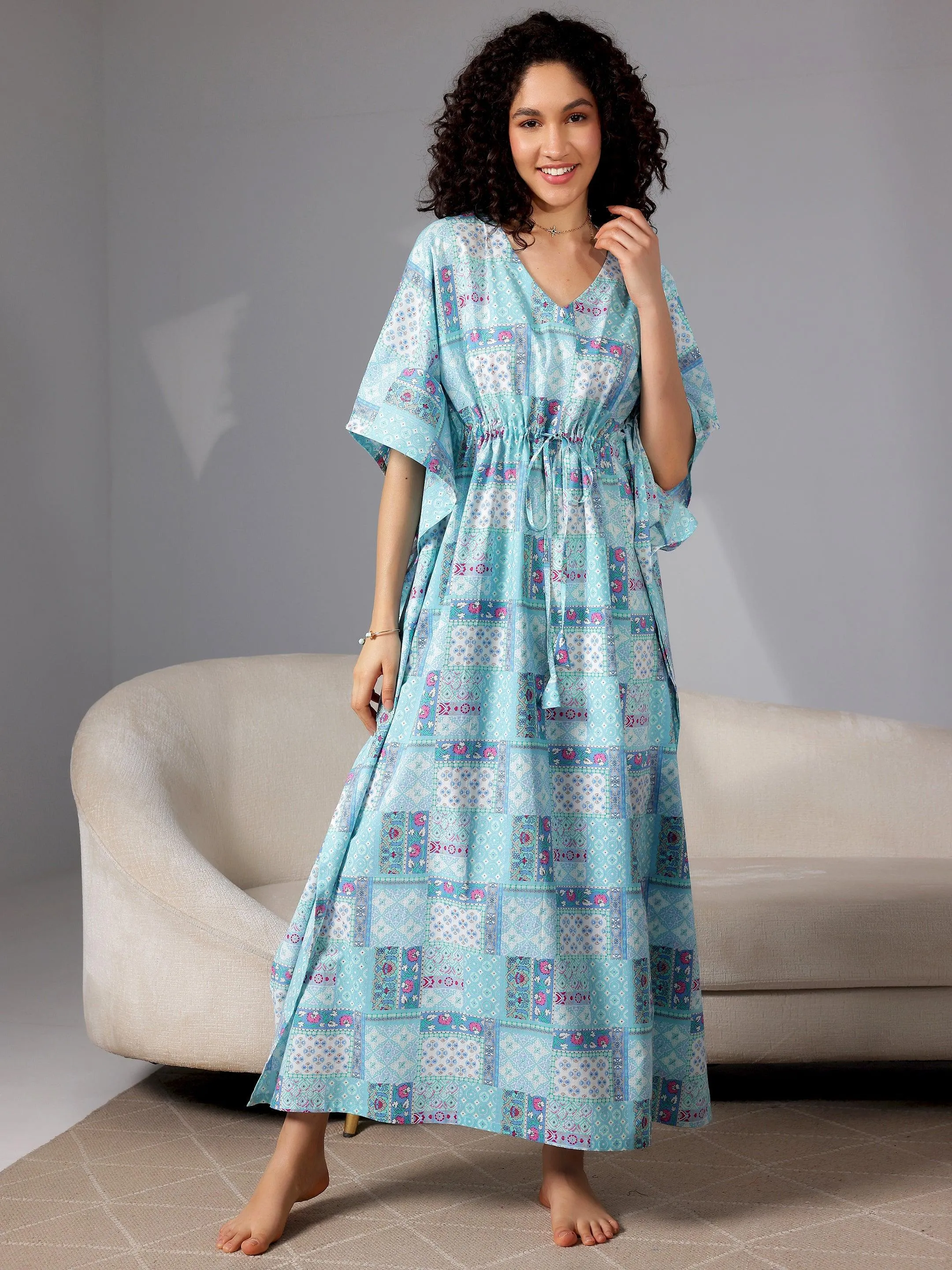 Blue Printed Cotton Kaftan Night Dress