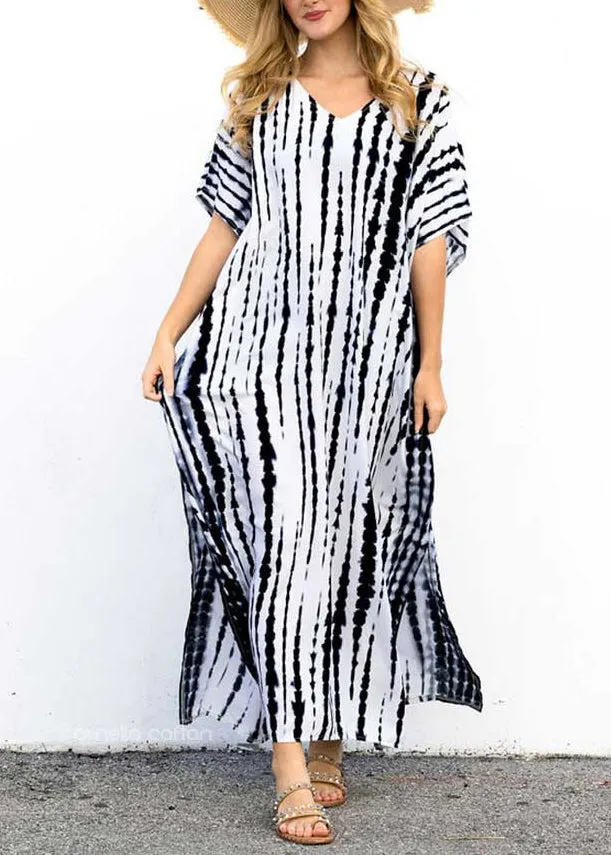 Boho Black O-Neck Striped Side Open Maxi Dresses Short Sleeve VB1035