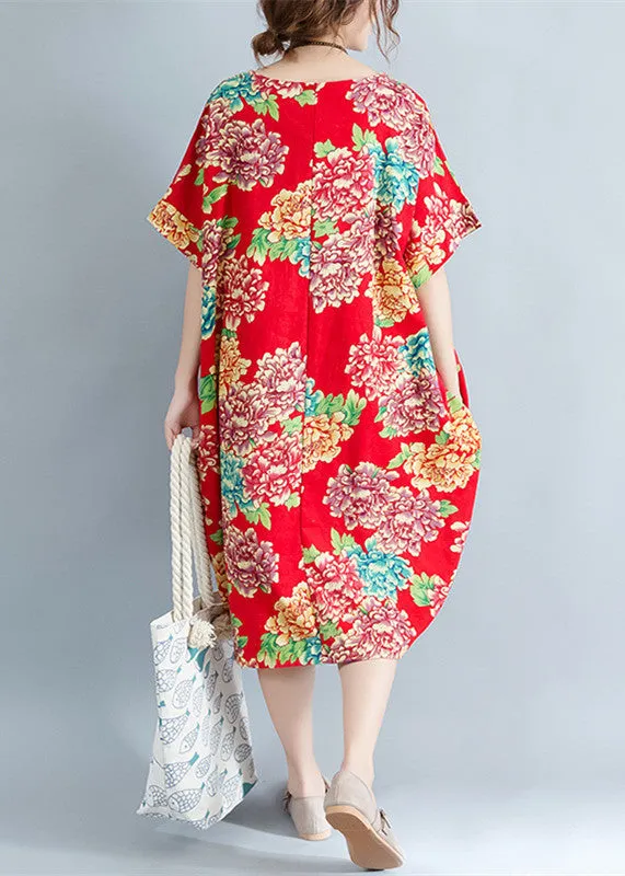 boutique red floral Midi-length linen dress plus size linen clothing dresses casual o neck short sleeve linen cotton dress