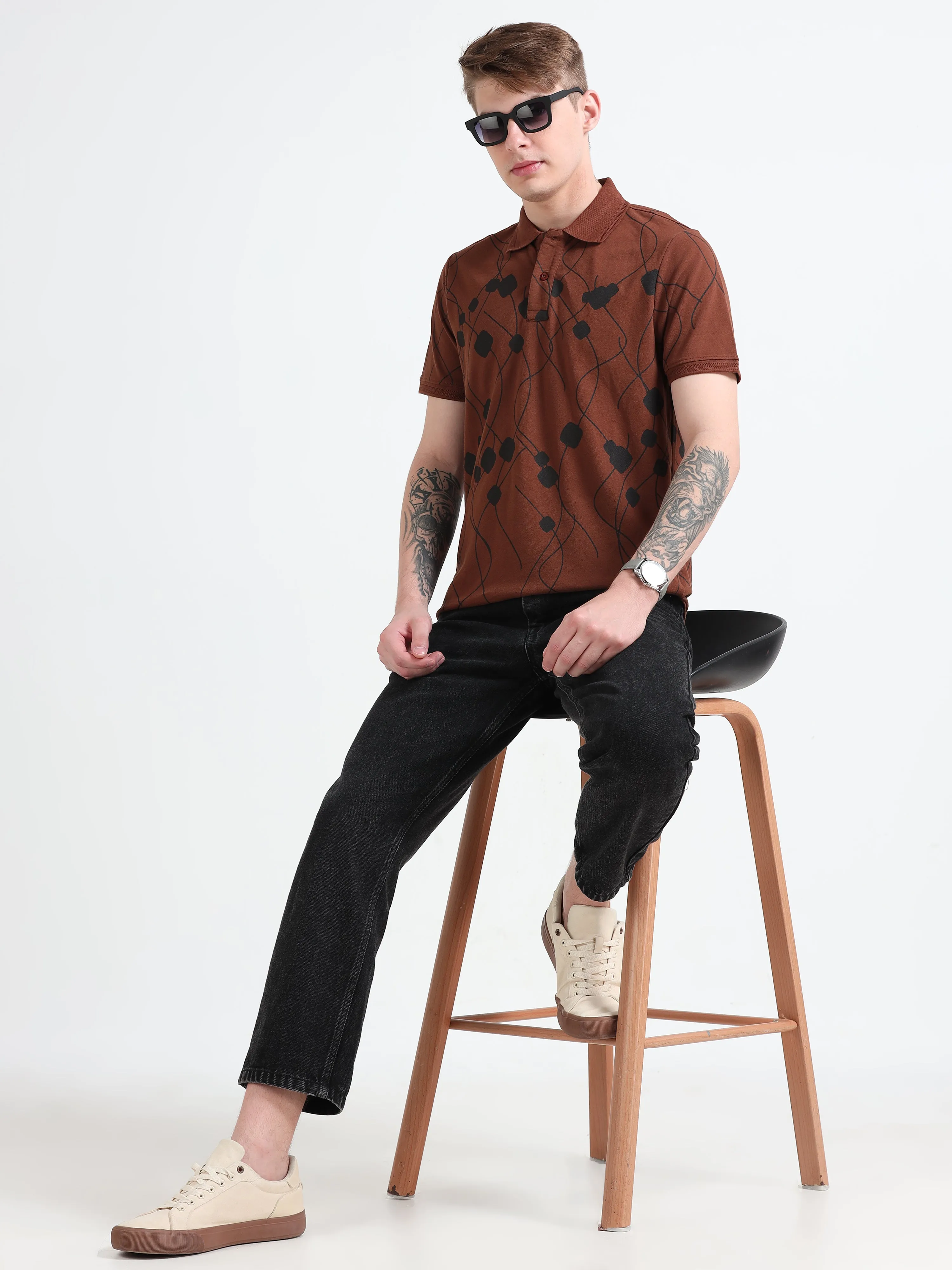 Bronson -Printed  Polo T Shirt - Coffee