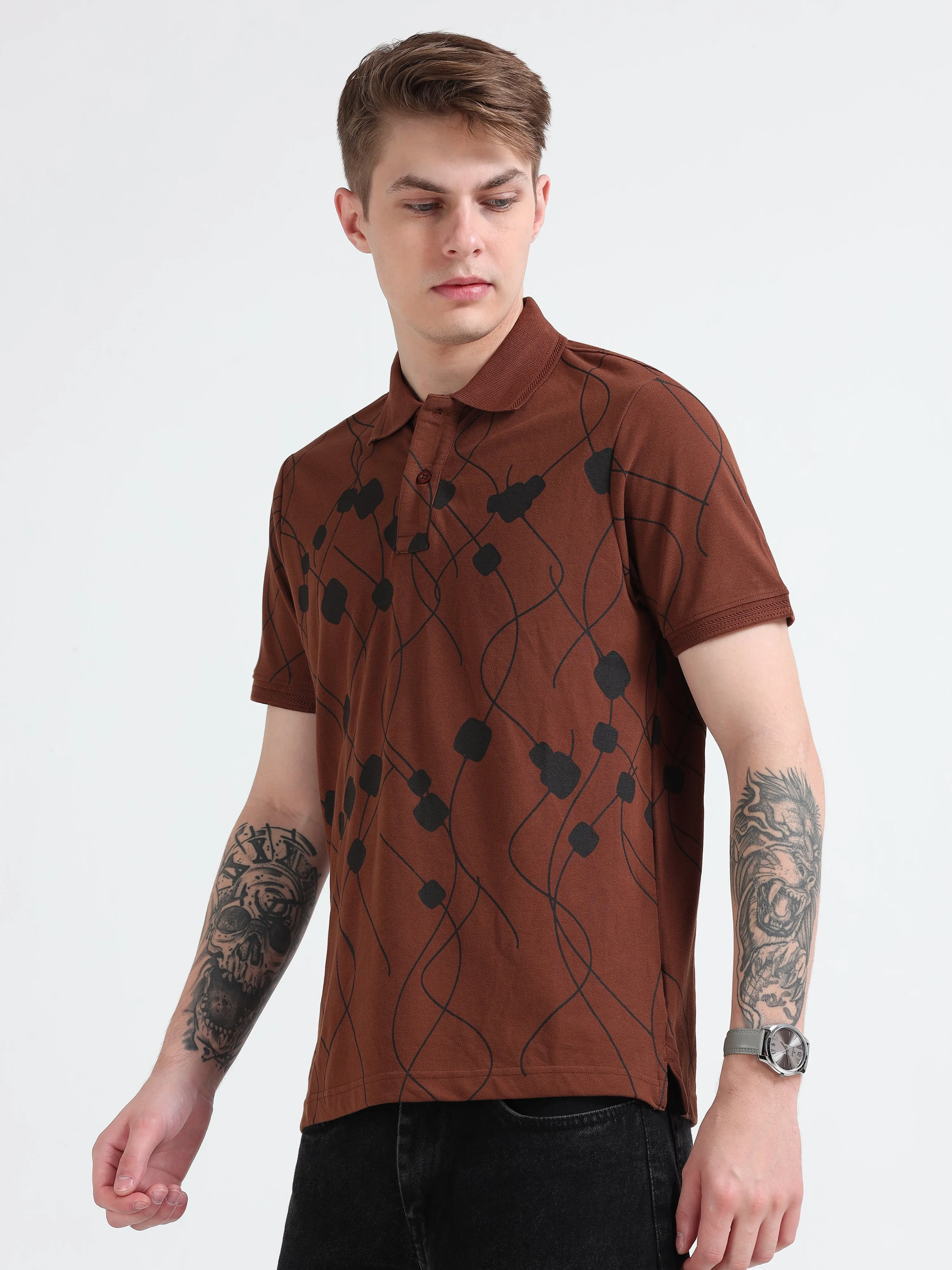 Bronson -Printed  Polo T Shirt - Coffee