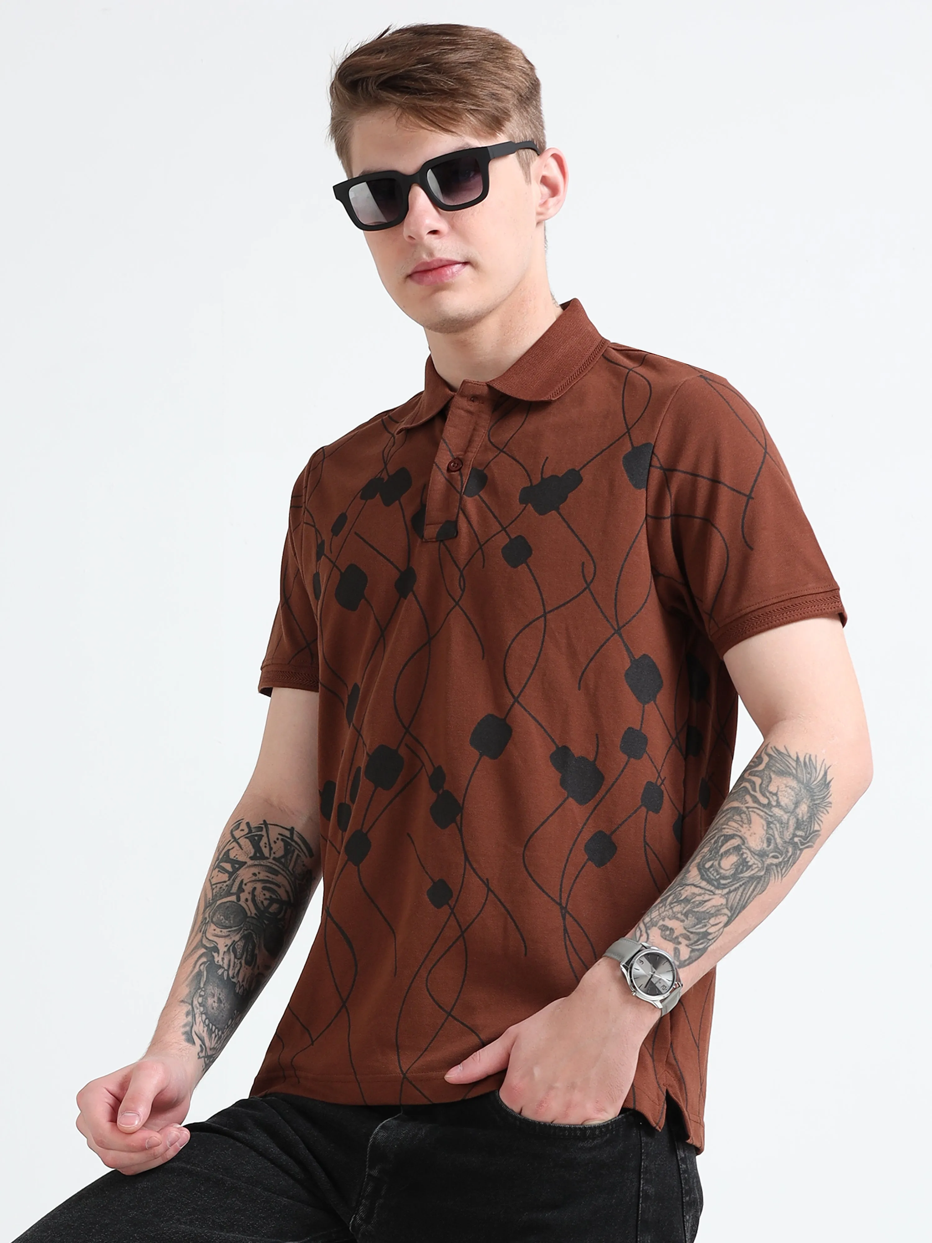 Bronson -Printed  Polo T Shirt - Coffee