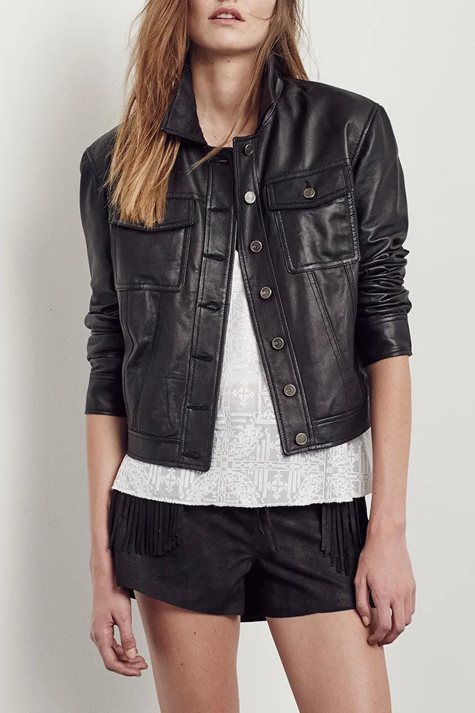 Brooklyn Denim Jacket in Black Leather - SAMPLE