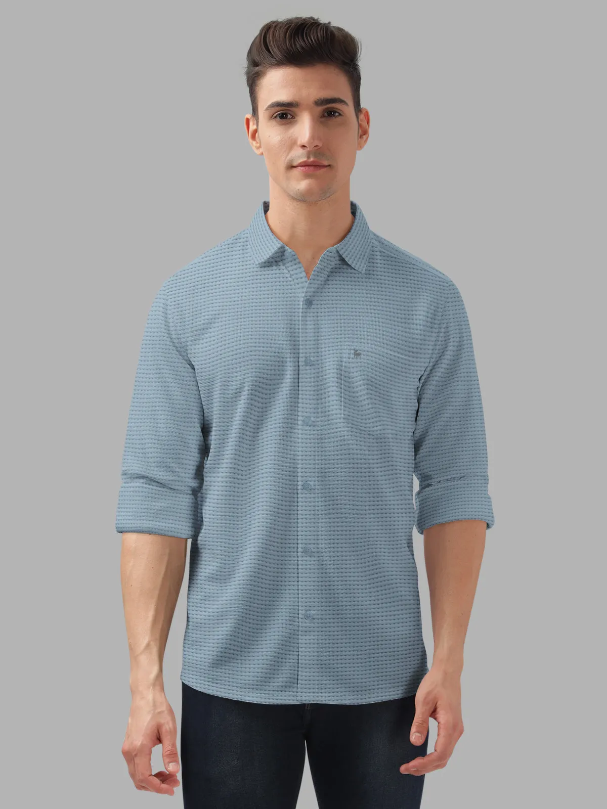 BULLMER Grey Trendy Regular Fit Textured Solid Fabric Causal Crochet Shirt For Men