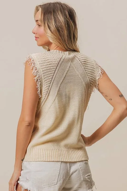 Cable Knit With Fringed Sweater Vest