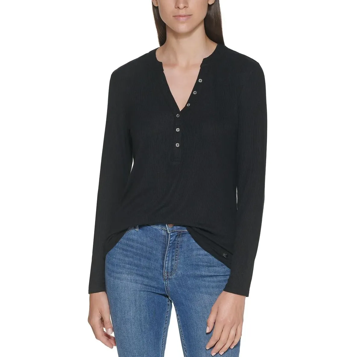 CALVIN KLEIN Women's Henley Ribbed Long Sleeved T-Shirt