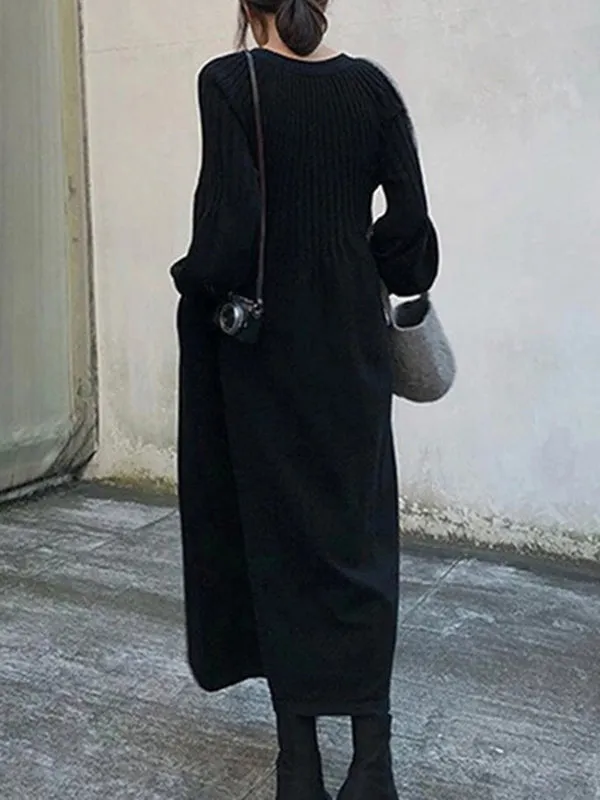 Causal Loose Grey V-Neck Pleated Long Puff Sleeve Knit Dress AN1038