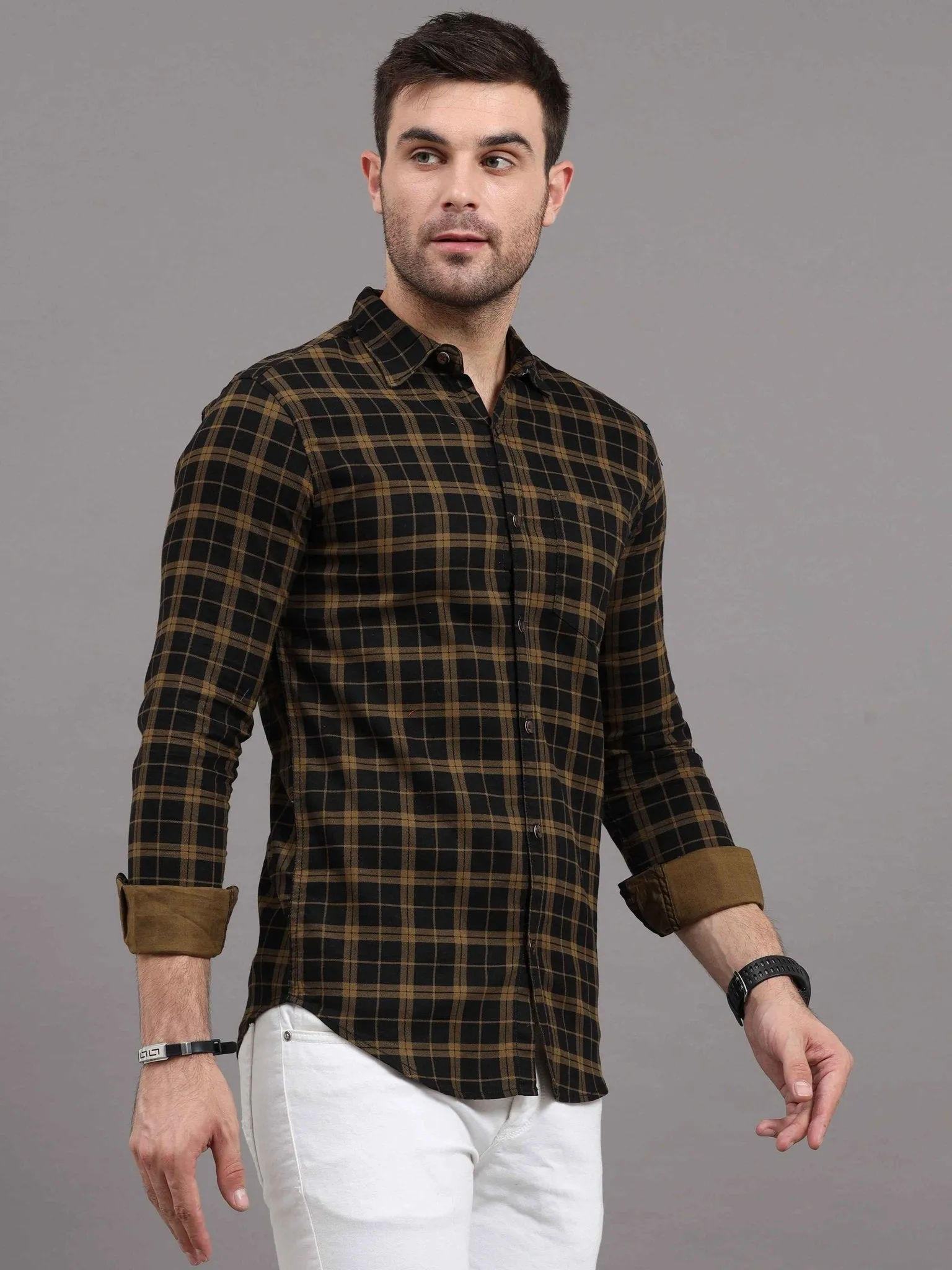 Checkered Cut Away Collar Casual Shirt