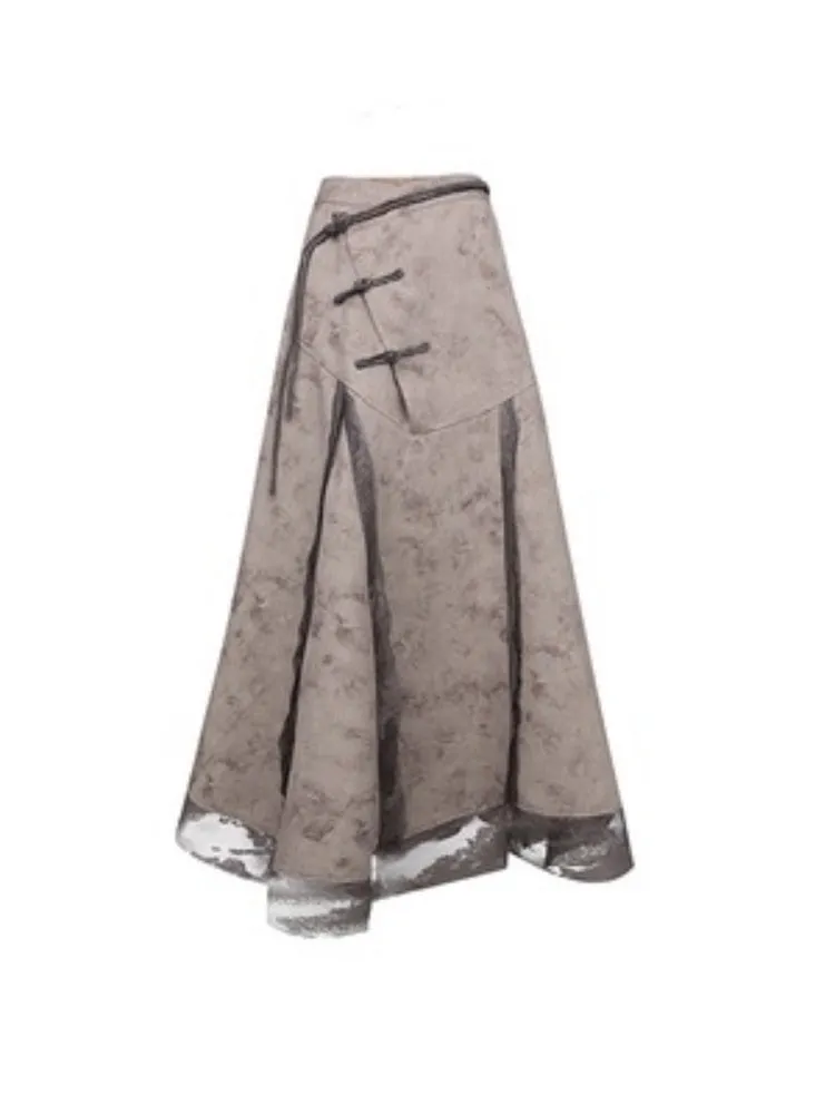 Chinese Style Button Lace Splicing A-Line Long Skirt【s0000004373】