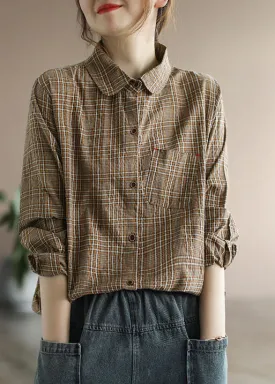 Chocolate Plaid Cotton Shirt Tops pocket Long Sleeve