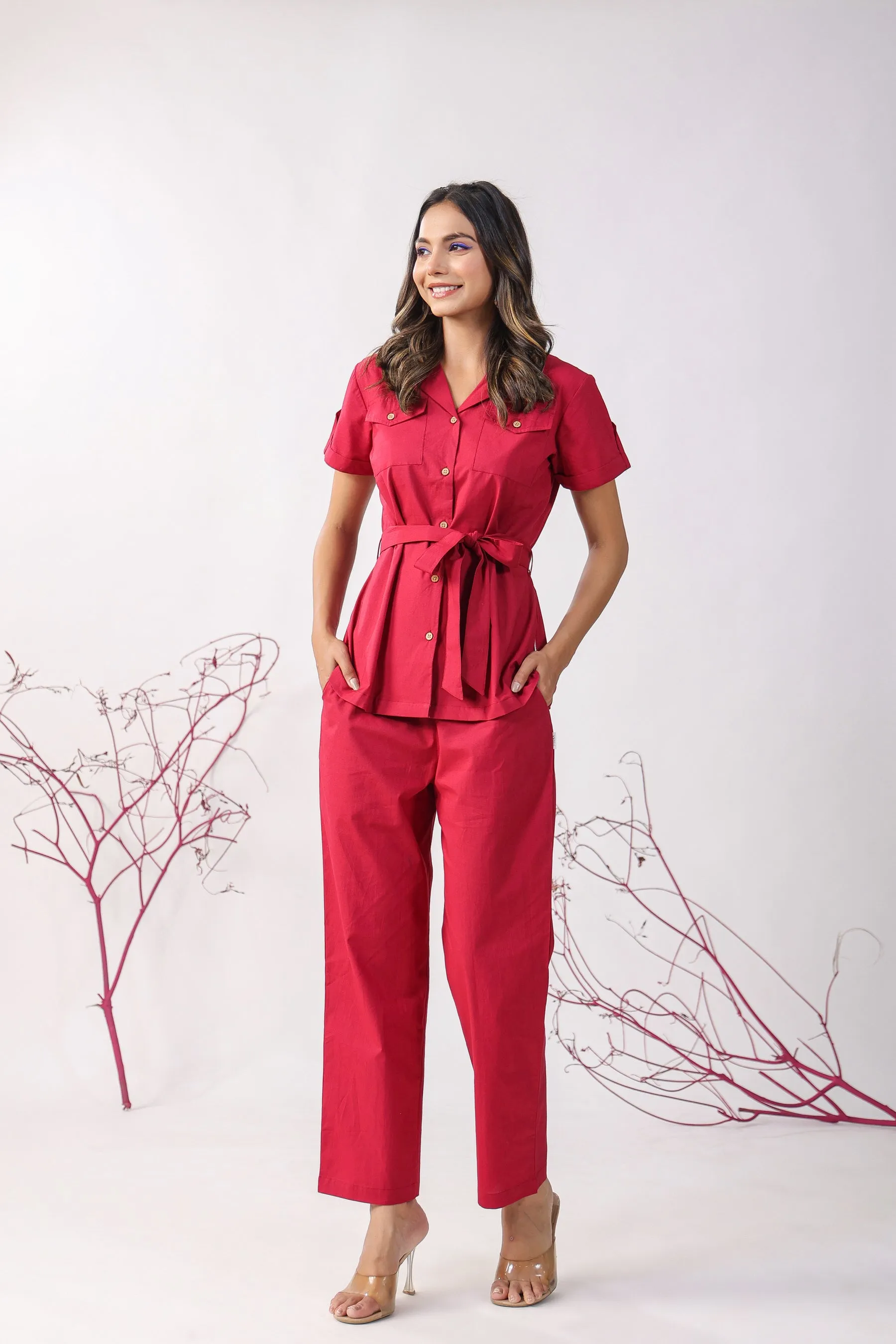 Classic Maroon Cotton Loungewear Top Set