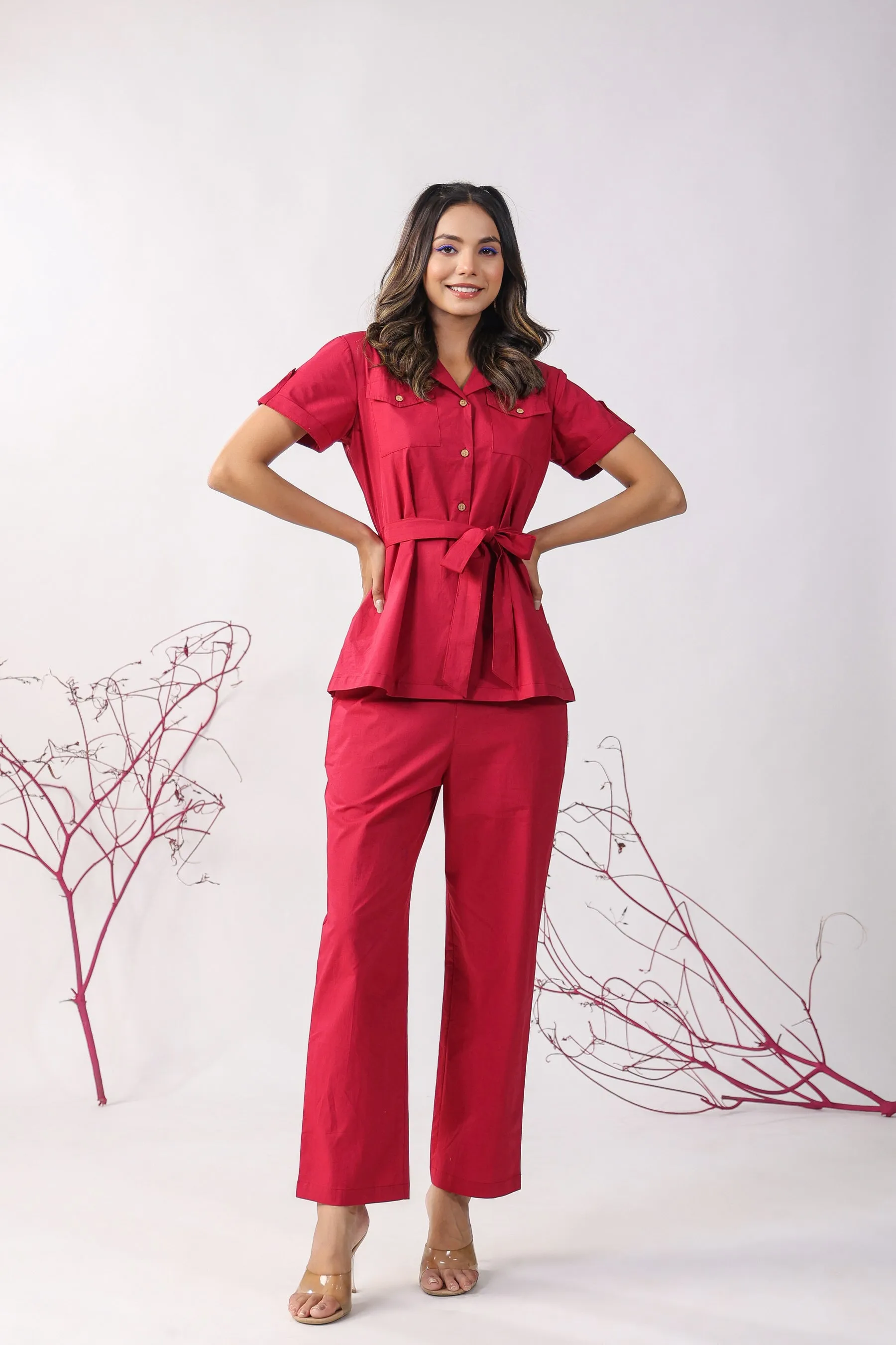 Classic Maroon Cotton Loungewear Top Set