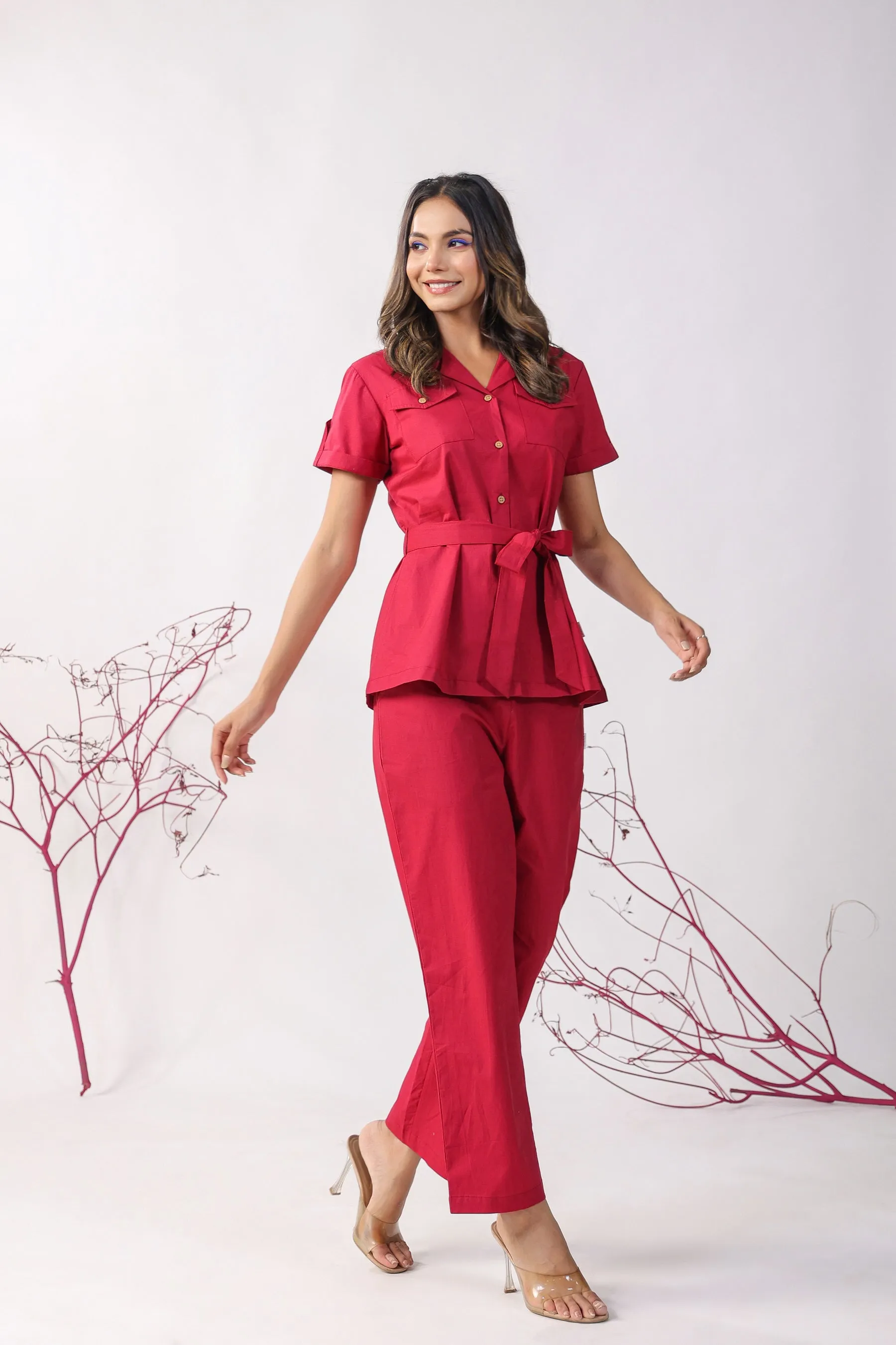 Classic Maroon Cotton Loungewear Top Set